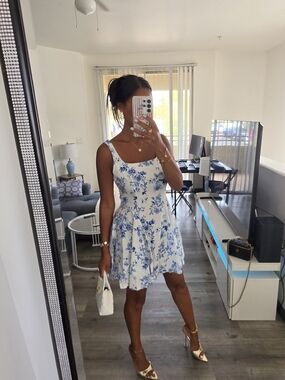 White and Blue Floral Summer Dress - Women's Fit & Flare